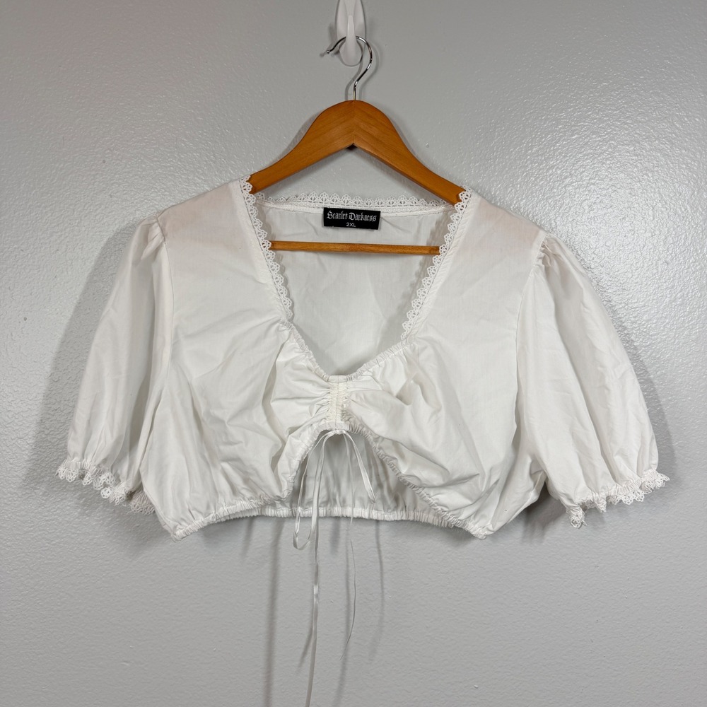 Scarlet Darkness Crop Top Womens 2XL White Victorian Steampunk Lace Trim Ruched